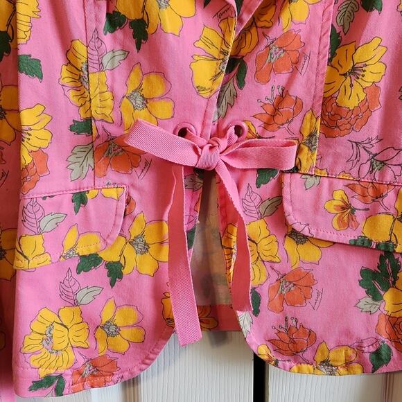 Vintage Women's Tommy Jeans Pink Yellow Floral Tie Front Blazer Jacket Y2K SM - Picture 7 of 14